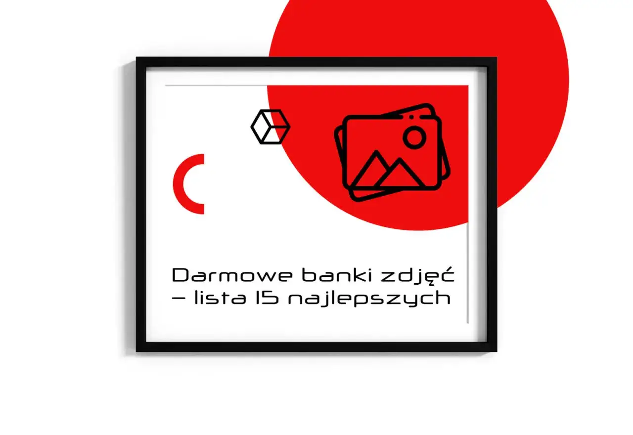 Grafika z tekstem "Darmowe banki zdjęć – lista 15 najlepszych". Stylizowane ikony i czerwone koło.