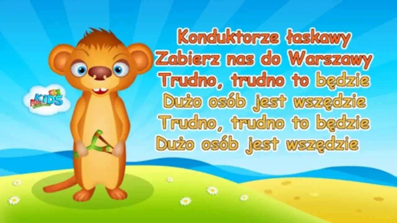 Bajkowy zajączek z procą w łapkach, na tle nieba i zielonej łączki, śpiewa piosenkę "Konduktorze łaskawy, zabierz nas do Warszawy". Jedzie pociąg z daleka.