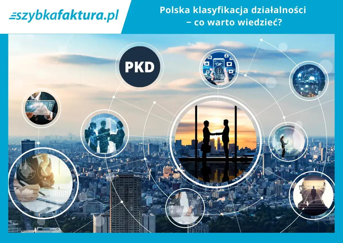 Ilustracja przedstawia miasto z nałożonymi okręgami symbolizującymi różne aspekty biznesu i technologii, w tym napis PKD.