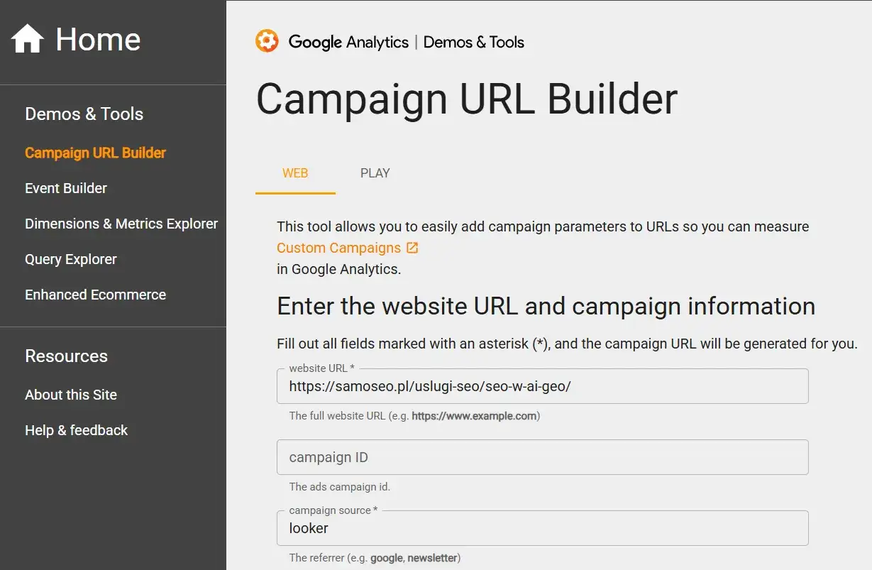Narzędzie Google Analytics do tworzenia linków z parametrami kampanii. Uzupełnij dane, aby wygenerować linki UTM.