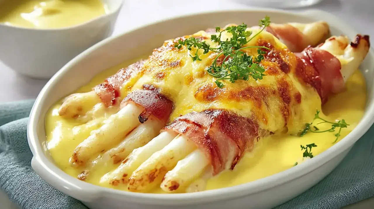 Spargel in Schinken eingerollt, überbacken mit Käse und serviert in einer cremigen Sauce.