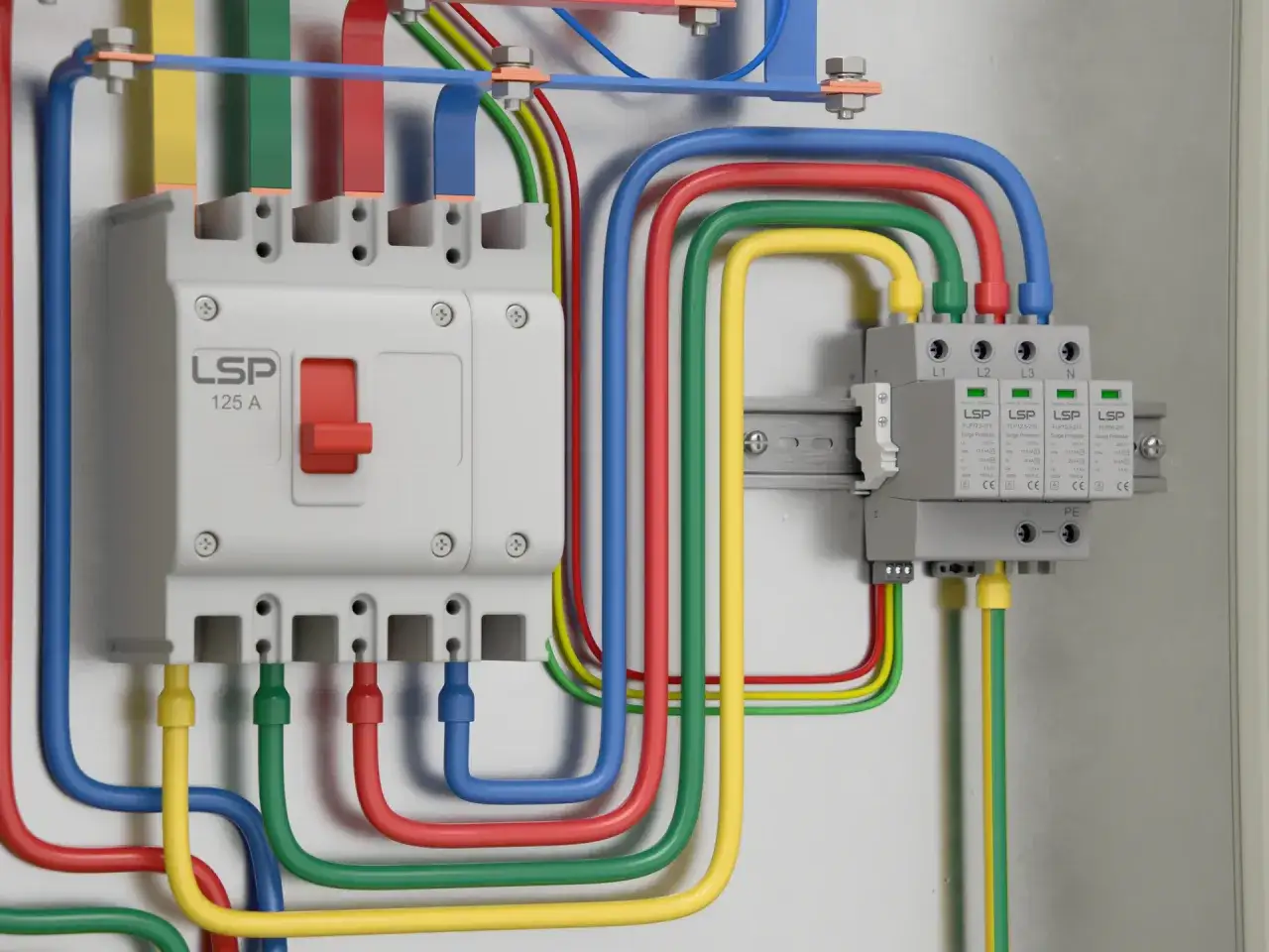 W skrzynce elektrycznej widać wyłącznik i moduły przepięciówki, połączone kolorowymi przewodami.