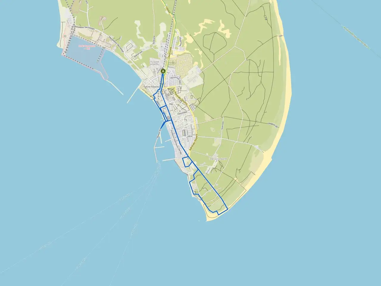 Mapa Helu z zaznaczoną trasą wycieczki rowerowej wzdłuż wybrzeża i przez miasto.