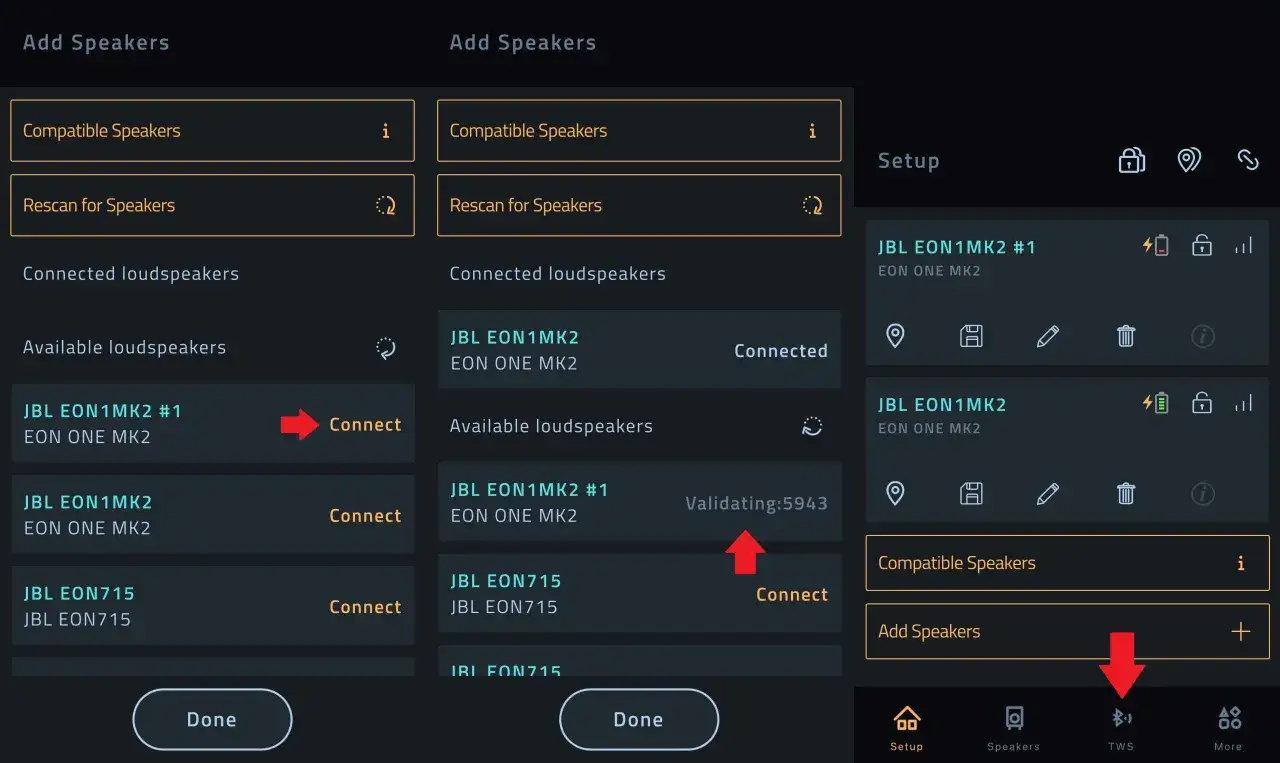 Interface pour connecter JBL ensemble. L'écran montre la recherche et la connexion d'enceintes JBL EON1MK2.