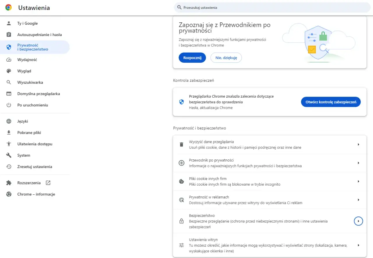 Ustawienia prywatności i bezpieczeństwa w Chrome. Przeglądarka ostrzega o niebezpieczna strona i oferuje kontrolę zabezpieczeń.