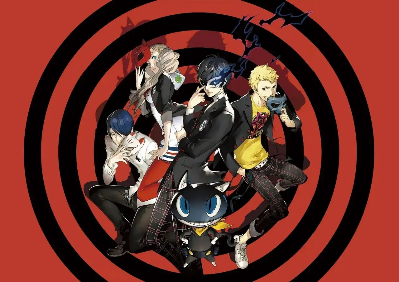 Postacie z gry Persona 5, która jest przykładem gatunku jrpg co to, pozują na tle czerwono-czarnych kręgów.