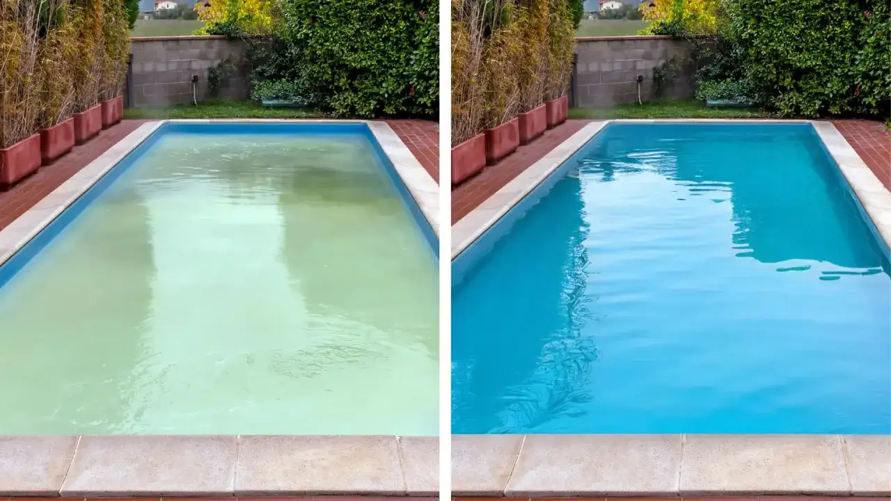 Comparativa de reforma piscina antes y después: agua verde y turbia transformada en un azul cristalino y refrescante.
