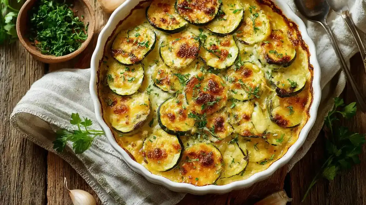 Ein goldbraun gebackener Zucchini Auflauf mit Käse überbacken, garniert mit frischer Petersilie.