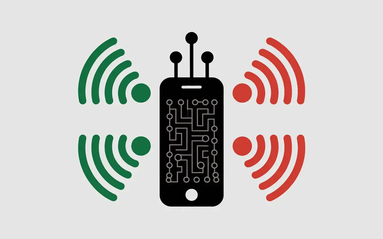Smartphone noir avec circuit imprimé, entouré de signaux verts et rouges. L'iPhone 11 est-il 5G ou pas ?