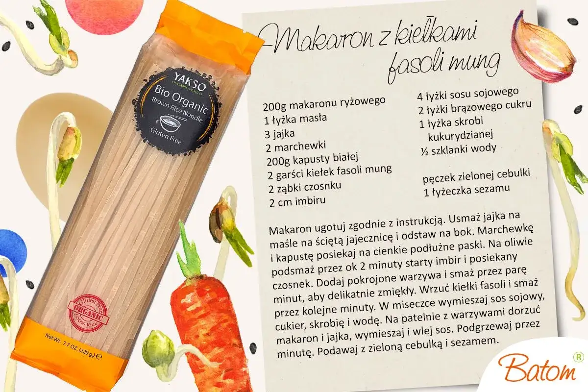 Opakowanie makaronu ryżowego Bio Organic z przepisem na danie z kiełkami fasoli mung.
