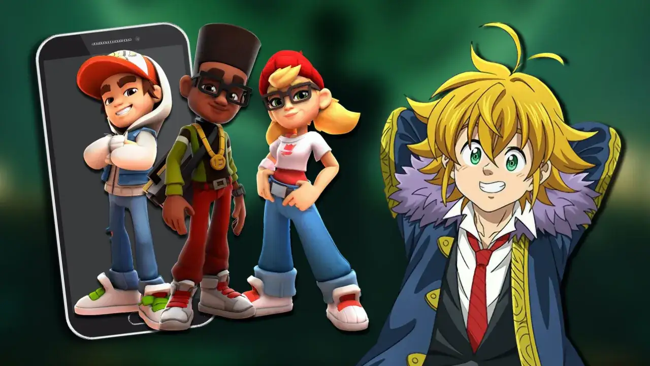 Personnages de jeux mobiles, dont Jake de Subway Surfers, aux côtés de Meliodas. Le meilleur jeux mobile gratuit pour s'amuser.