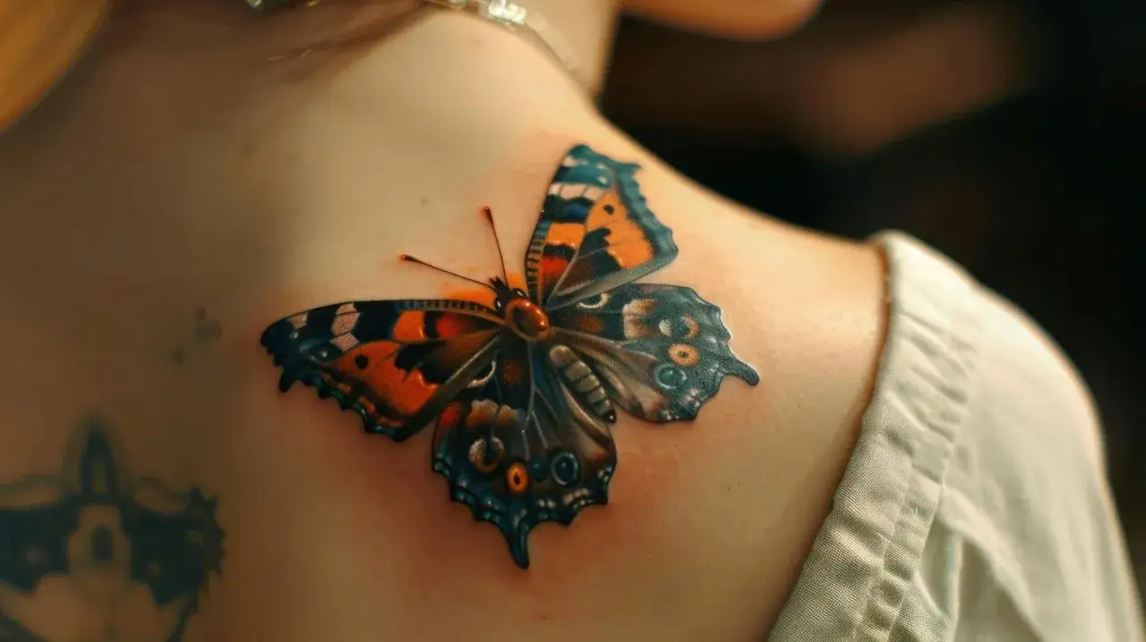 Kolorowy tatuaż motyl na ramieniu, z pomarańczowymi i niebieskimi skrzydłami, wygląda jak żywy.