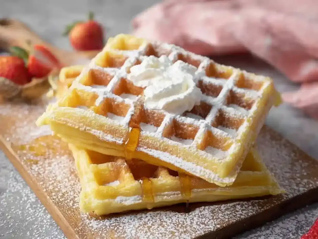 Zwei goldbraune belgische Waffeln, bestäubt mit Puderzucker und garniert mit Schlagsahne und Sirup. Daneben frische Erdbeeren.