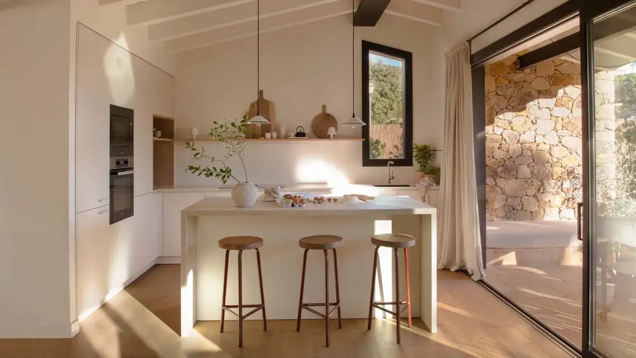 Cocina luminosa con isla central, taburetes y vistas a un patio de piedra, ideal para casas de campo modernas.
