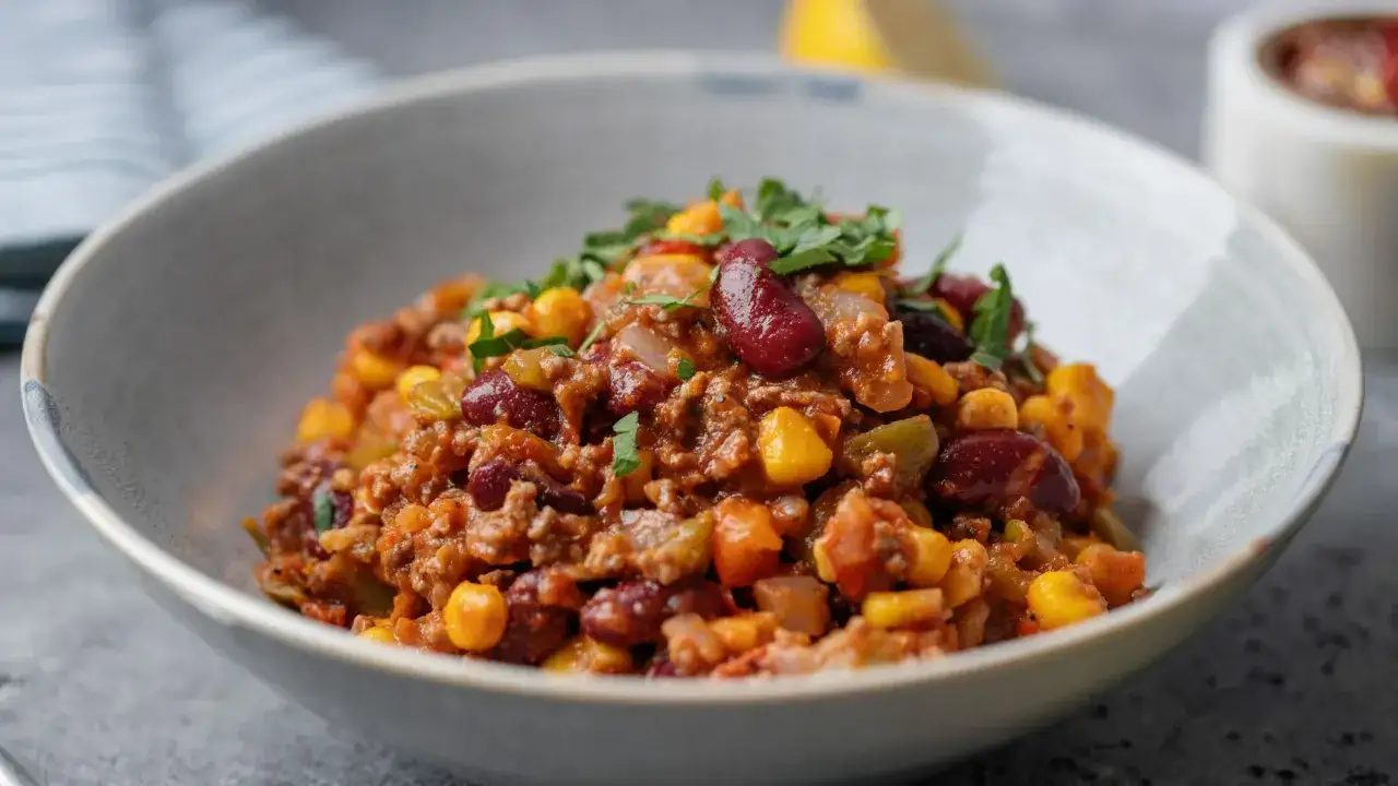 Miseczka pełna aromatycznego chili con carne z fasolą, kukurydzą i mielonym mięsem, posypana świeżą natką pietruszki.
