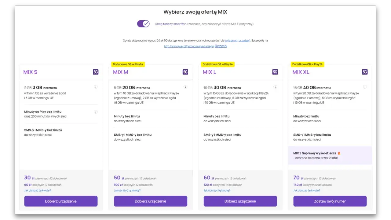 Oferty MIX S, M, L, XL z pakietem solo m play. Wybierz swój plan internetowy i minuty.