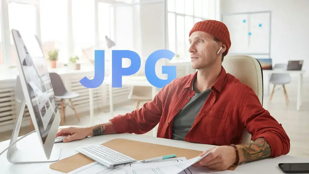 Mężczyzna w czapce i czerwonej koszuli pracuje przy komputerze, tworząc projekt graficzny. Duży napis JPG sugeruje, że pracuje nad plikiem graficznym.