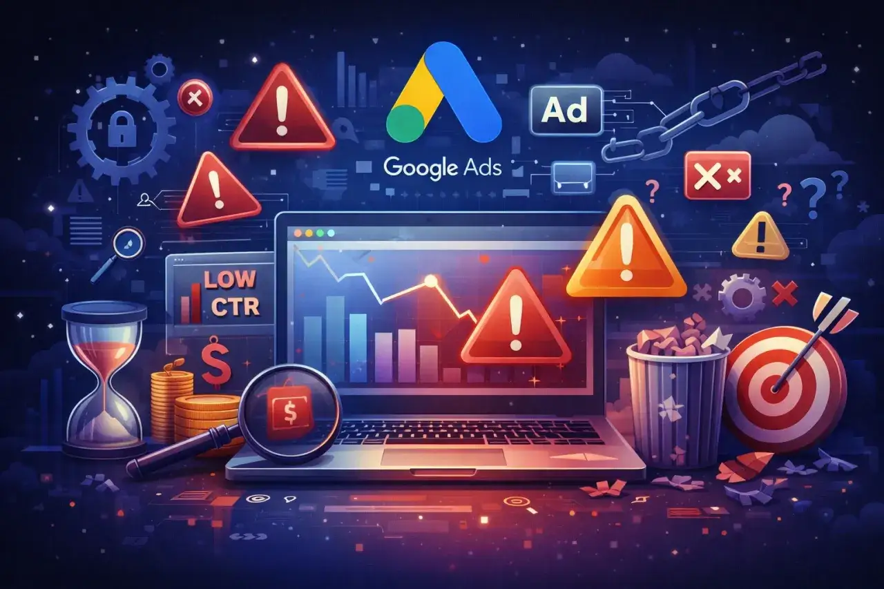 Problemy z kampaniami ads: niski CTR, ostrzeżenia, kosz na śmieci. Analiza danych na laptopie.