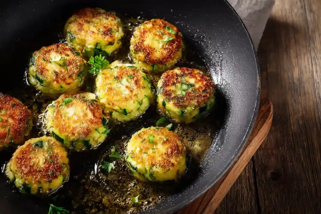 Zucchini puffer in einer Pfanne braten. Goldbraun und knusprig, mit frischer Petersilie garniert.
