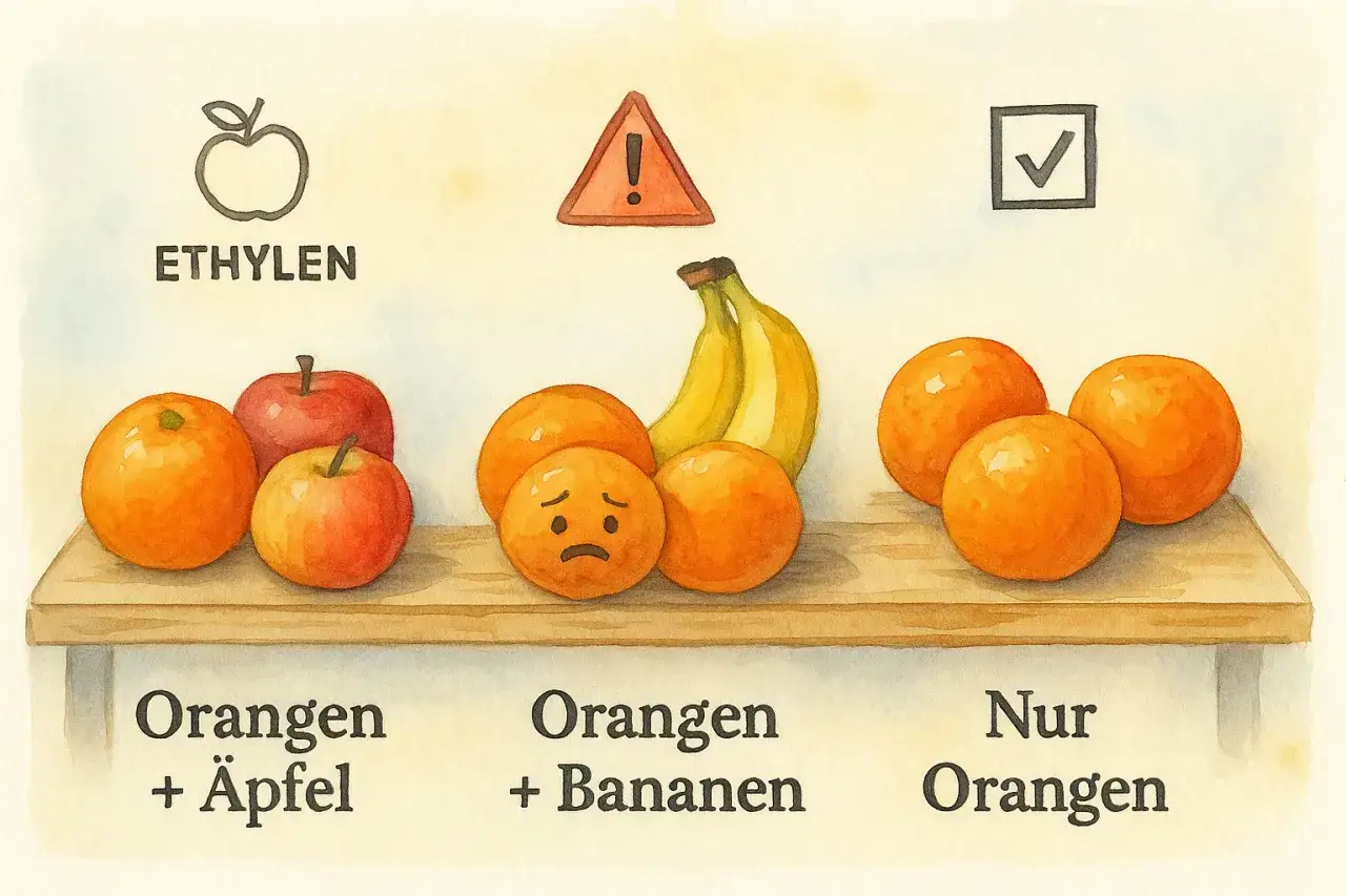So lagern Sie Apfelsinen richtig: Äpfel und Ethylen neben Orangen vermeiden. Bananen machen Orangen traurig. Nur Orangen sind glücklich.