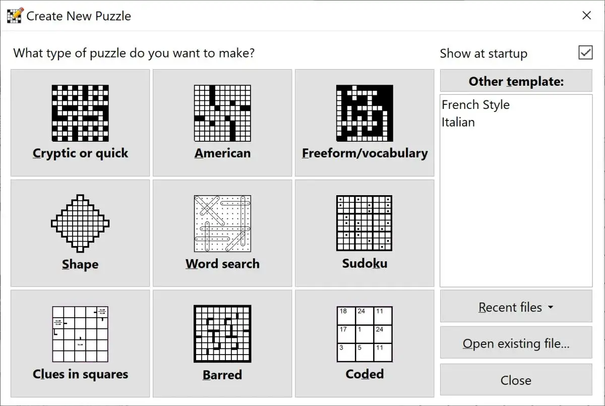 Interfejs programu do tworzenia krzyżówek. Wybór typu łamigłówki, np. "Cryptic or quick", "American", "Freeform/vocabulary", "Shape", "Word search", "Sudoku", "Clues in squares", "Barred", "Coded". Pokazuje, jak działają algorytmy w generatorach krzyżó...