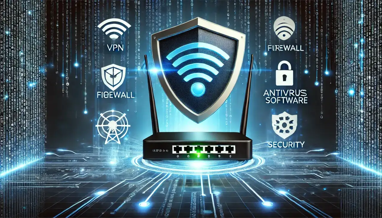 Router z tarczą Wi-Fi i ikonami bezpieczeństwa: VPN, Firewall, Antywirus, Security. Cyfrowy świat i kod w tle.