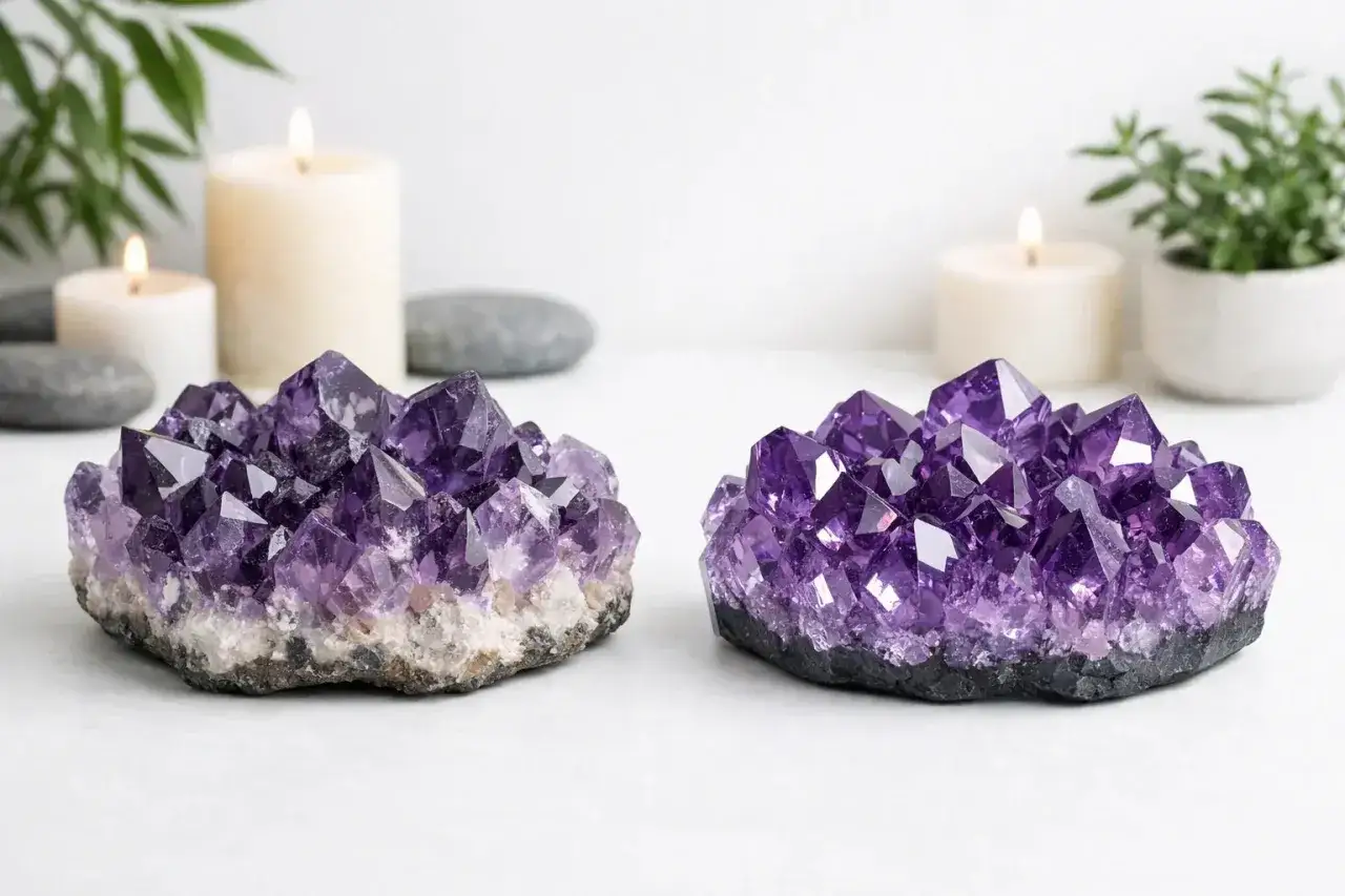 Zwei Amethyst-Geoden, die für ihre beruhigende und spirituelle Amethyst Bedeutung bekannt sind, stehen neben Kerzen und Pflanzen.