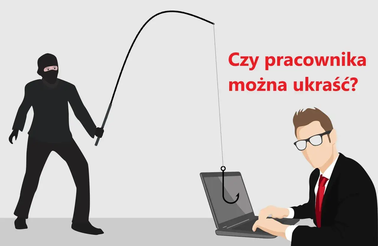 Złodziej w masce próbuje "ukraść" pracownika, który pracuje przy laptopie. Ilustracja symbolizuje nieuczciwą konkurencję i podkradanie talentów.