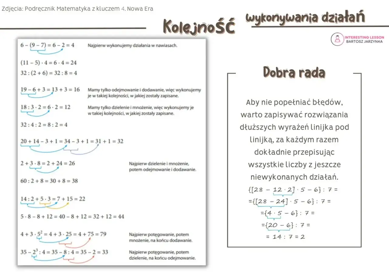 Matematyczne przykłady kolejności wykonywania działań z podziałkami i objaśnieniami.