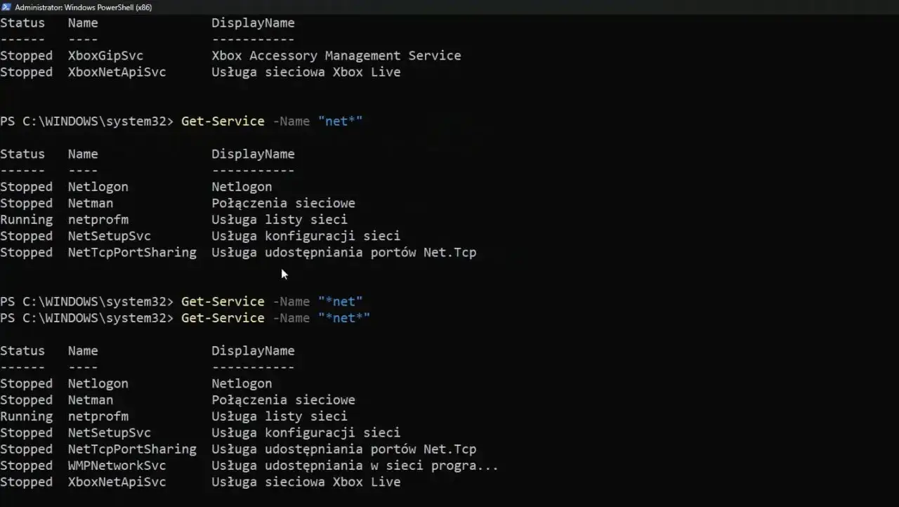 Wiersz poleceń PowerShell wyświetla listę usług sieciowych, w tym "netprofm" w stanie "Running".