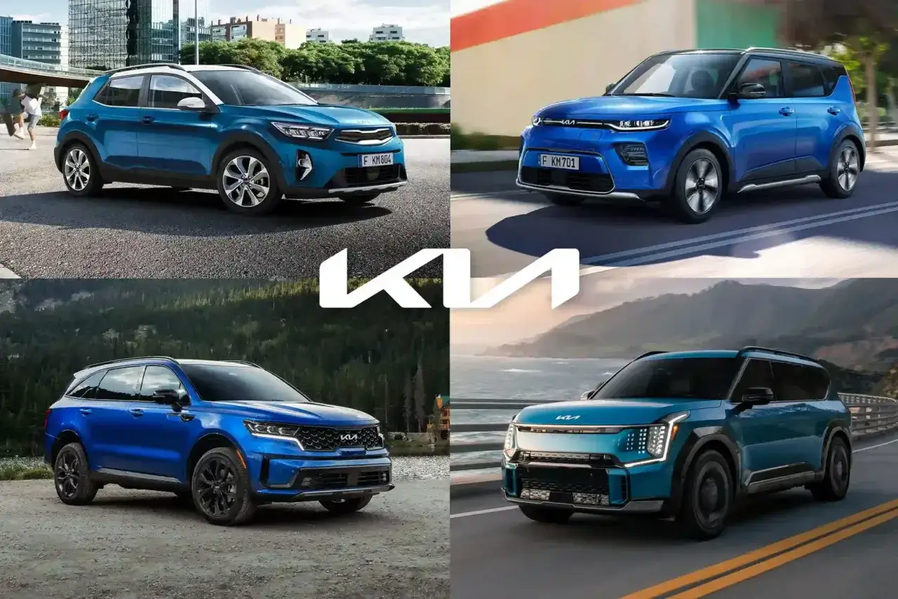Kolekcja różnych modeli Kia: niebieski crossover na tle miasta, Soul, Sorento i futurystyczny SUV.