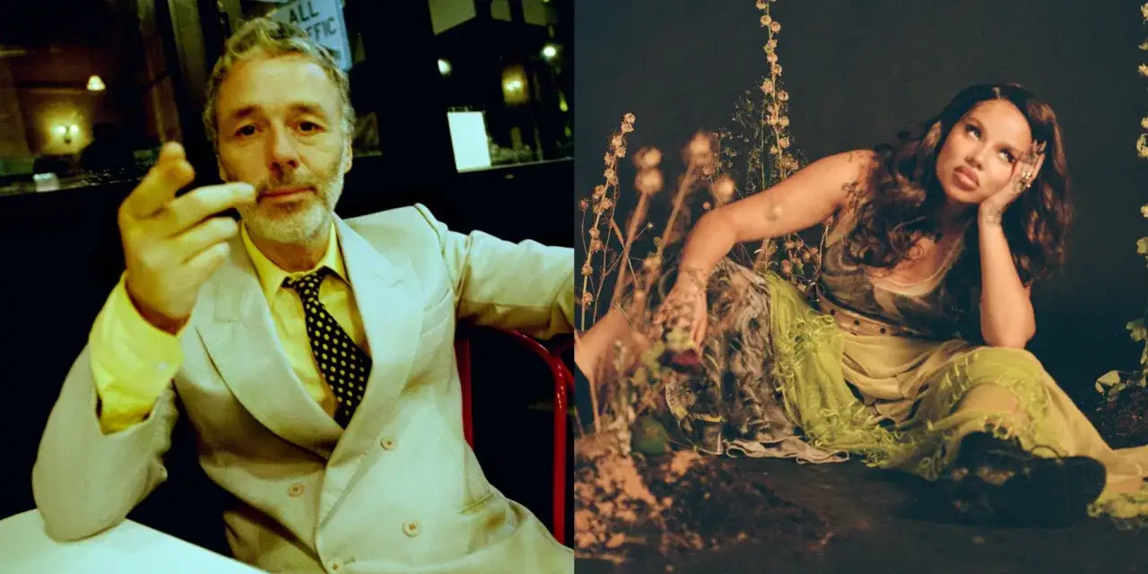 Baxter Dury, aylesbury boy, w żółtym koszuli i garniturze, gestykuluje. Obok Jgrrey w zwiewnej sukni wśród roślin.