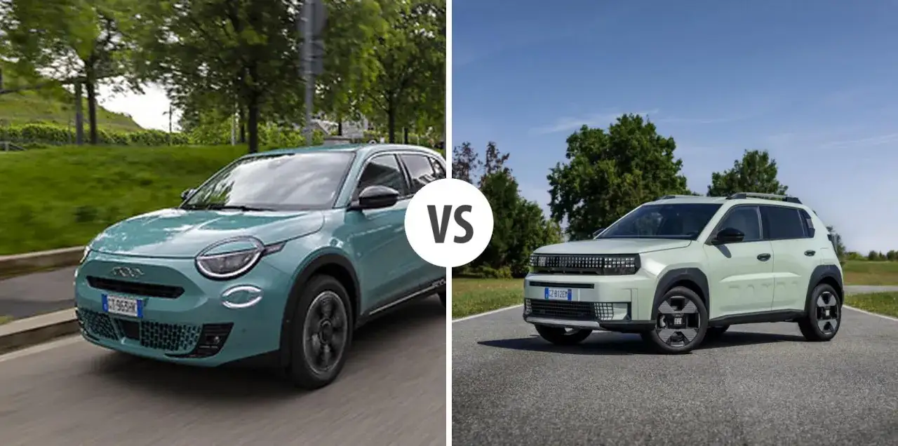 Dwa nowe fiat modele: zielony Fiat 500e i jasnoszary Fiat Panda 4x4.