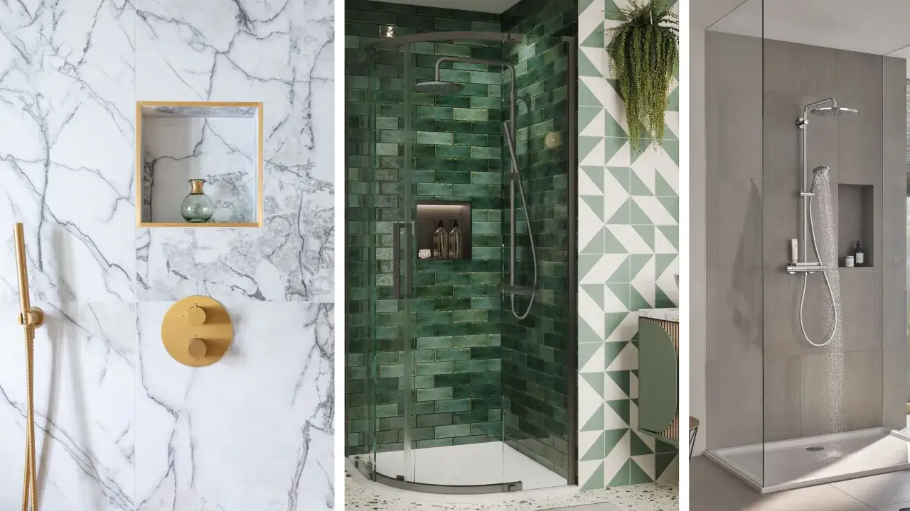 Tres baños modernos con duchas y **baños con hornacina de obra** integradas, uno con mármol, otro con azulejos verdes y el último con paredes grises.