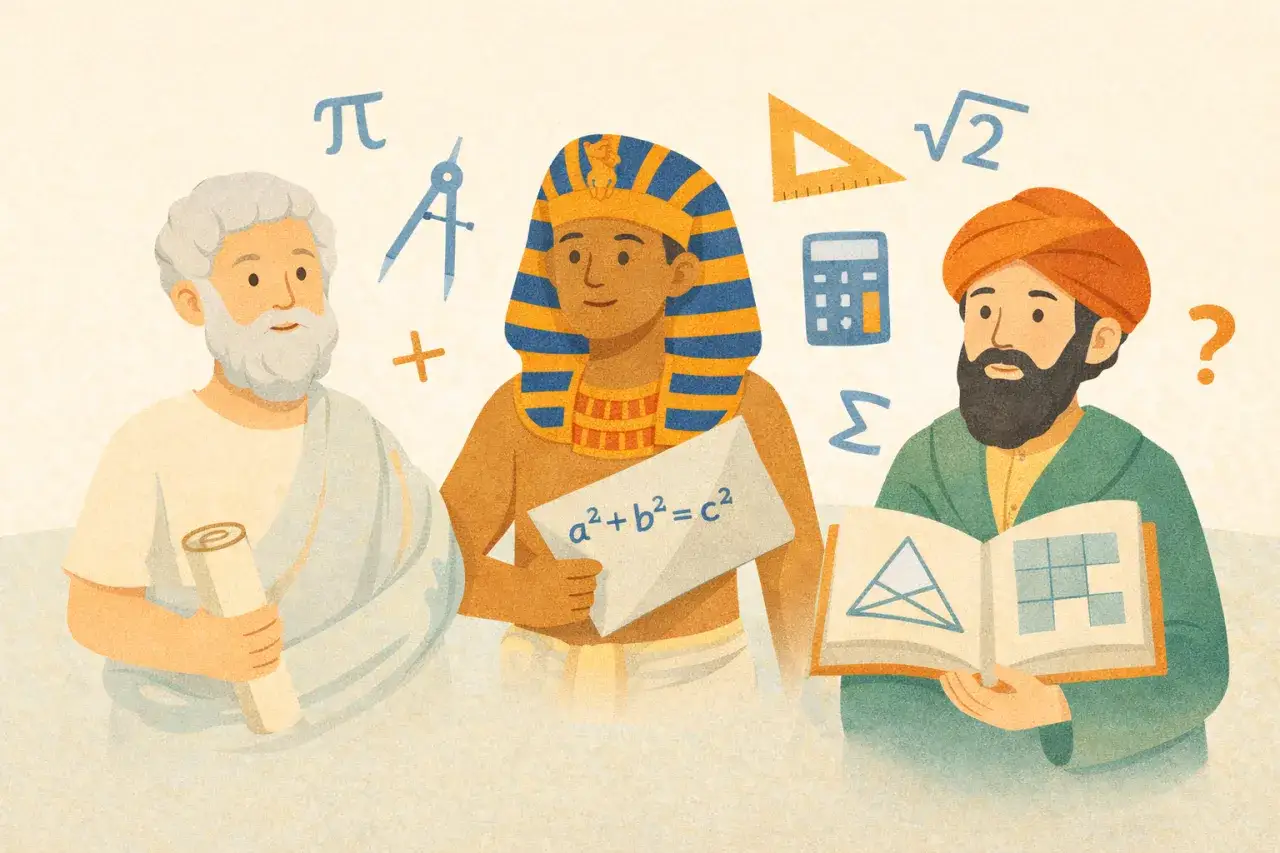 Trzech uczonych z różnych epok, z symbolami matematycznymi wokół nich.