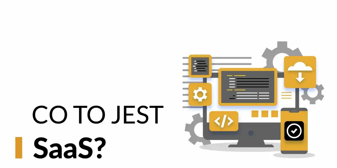 CO TO JEST SaaS? Ikony symbolizują chmurę, kod, ustawienia i telefon, ilustrując działanie usług w chmurze.