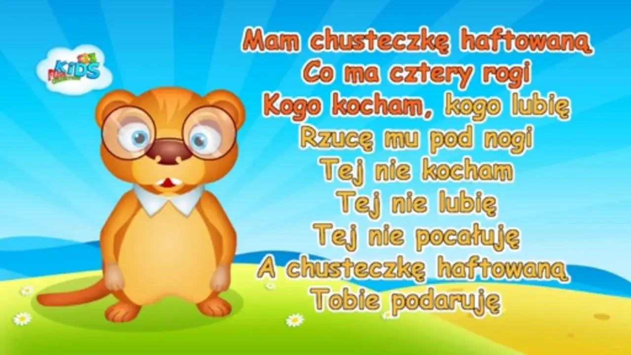 Uroczy, okularowy bóbr śpiewa piosenkę "Mam chusteczkę haftowaną" na tle błękitnego nieba i zielonej łąki.