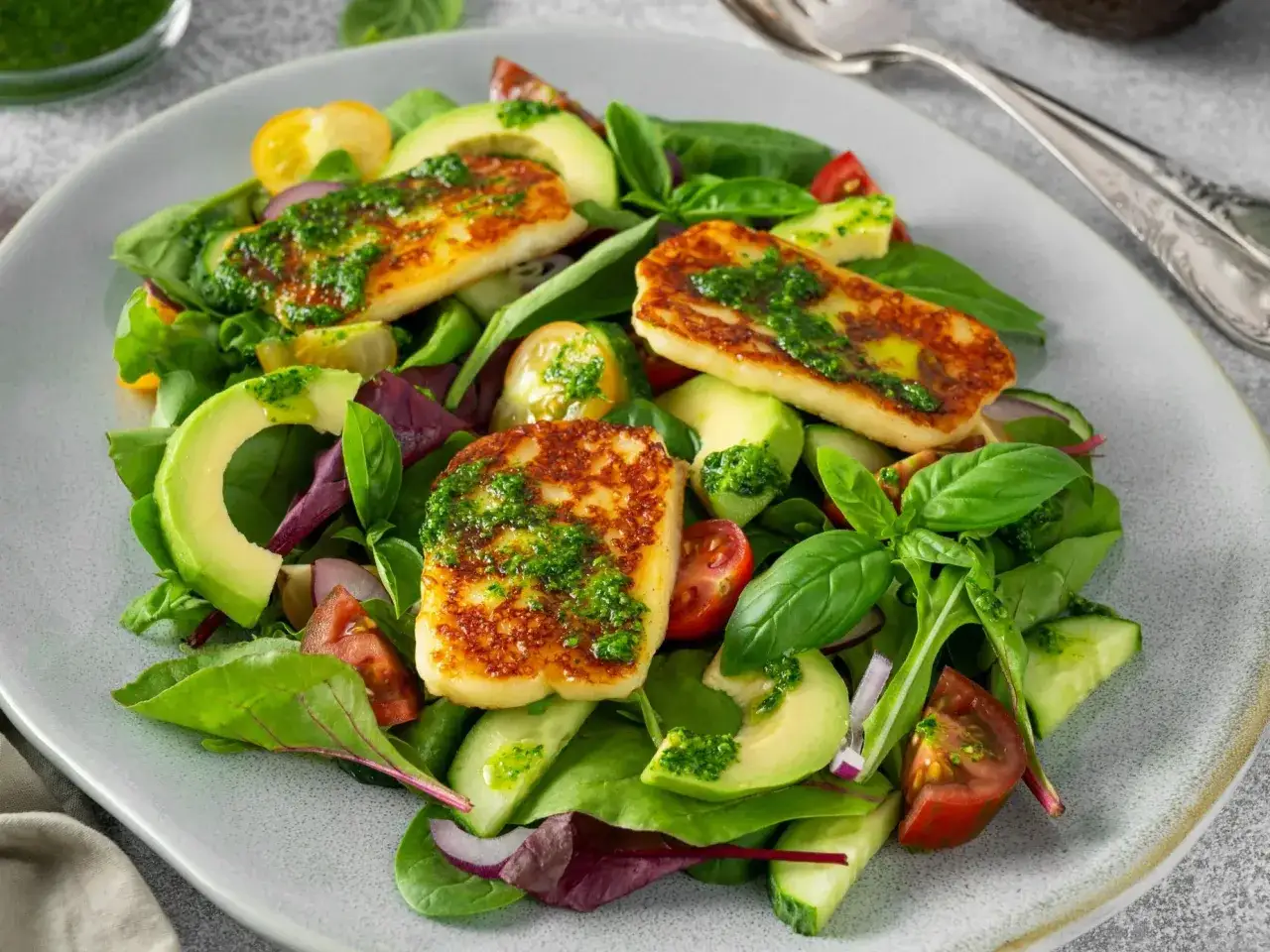 Pyszna sałatka z halloumi, awokado, pomidorkami i ogórkiem, polana zielonym sosem.