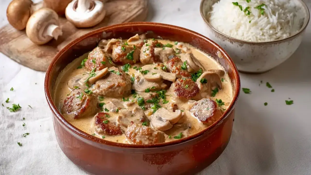 Herzhaftes schweinefilet mit champignons in cremiger Soße, garniert mit Petersilie. Daneben eine Schüssel Reis.