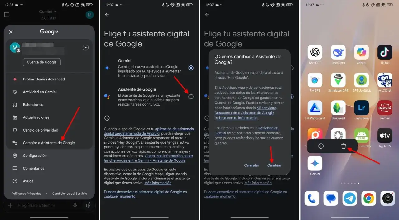 L'image montre comment désactiver l'assistant Google. On voit les options pour choisir entre Gemini et l'Assistant Google, puis une confirmation pour changer.