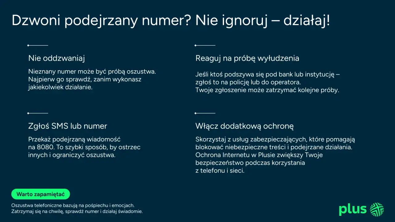 Nie ignoruj podejrzanych numerów! Przykłady spoofingu: nie oddzwaniaj, zgłoś SMS na 8080, reaguj na wyłudzenia. Włącz ochronę.
