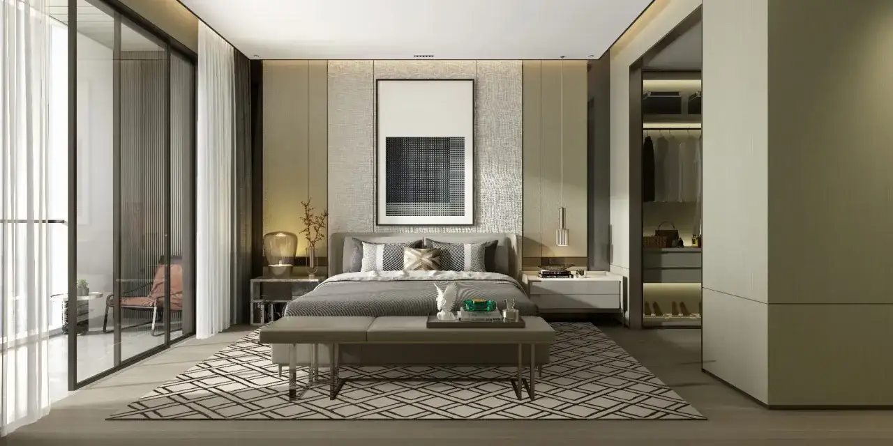 Nowoczesna sypialnia z otwartą garderobą i dużym oknem. Inspiracja, jak urządzić sypialnię w eleganckim stylu.