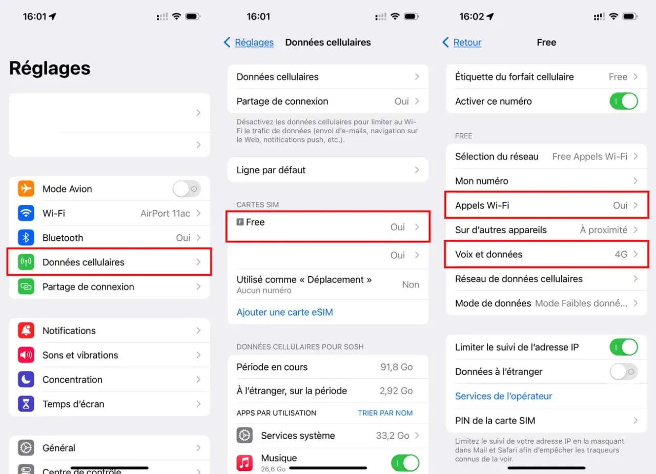 Paramètres du téléphone : activer VoLTE Free. L'image montre les réglages pour activer VoLTE sur un iPhone avec la carte SIM Free.