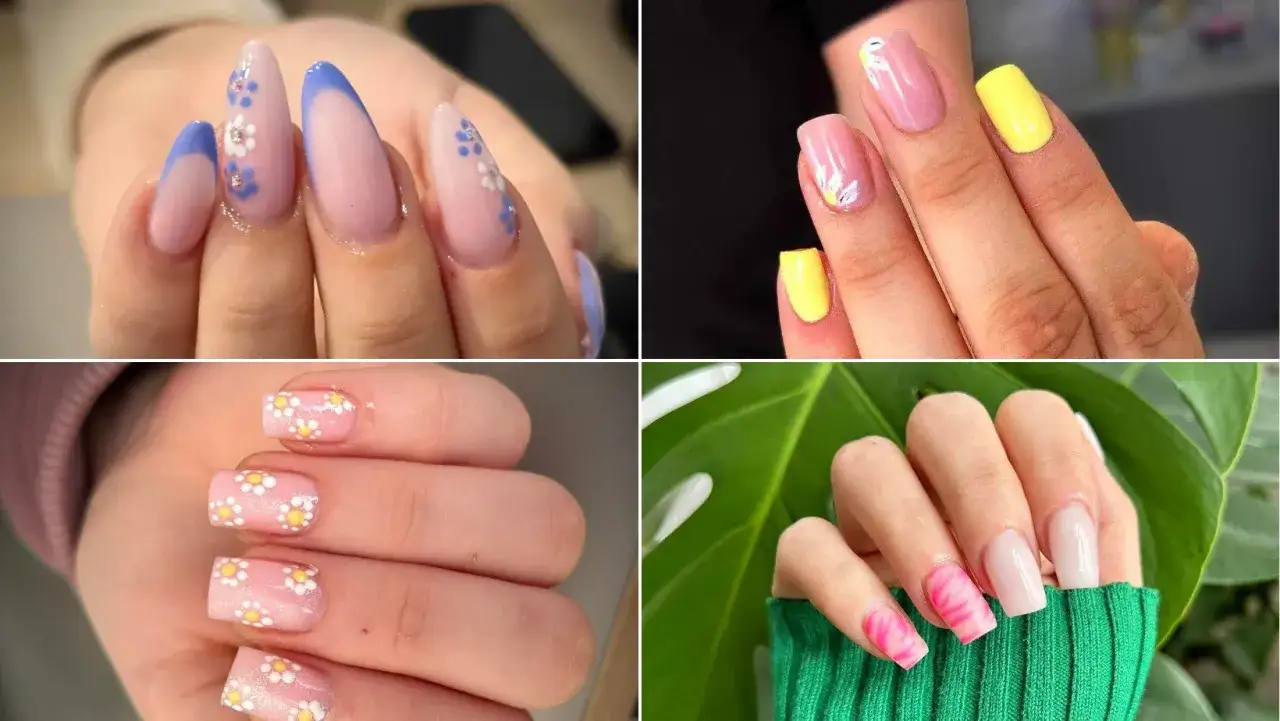 Kolekcja modnych paznokci na wiosnę: francuski manicure z kwiatami, żółte akcenty, stokrotki na różowym tle i neonowy wzór.