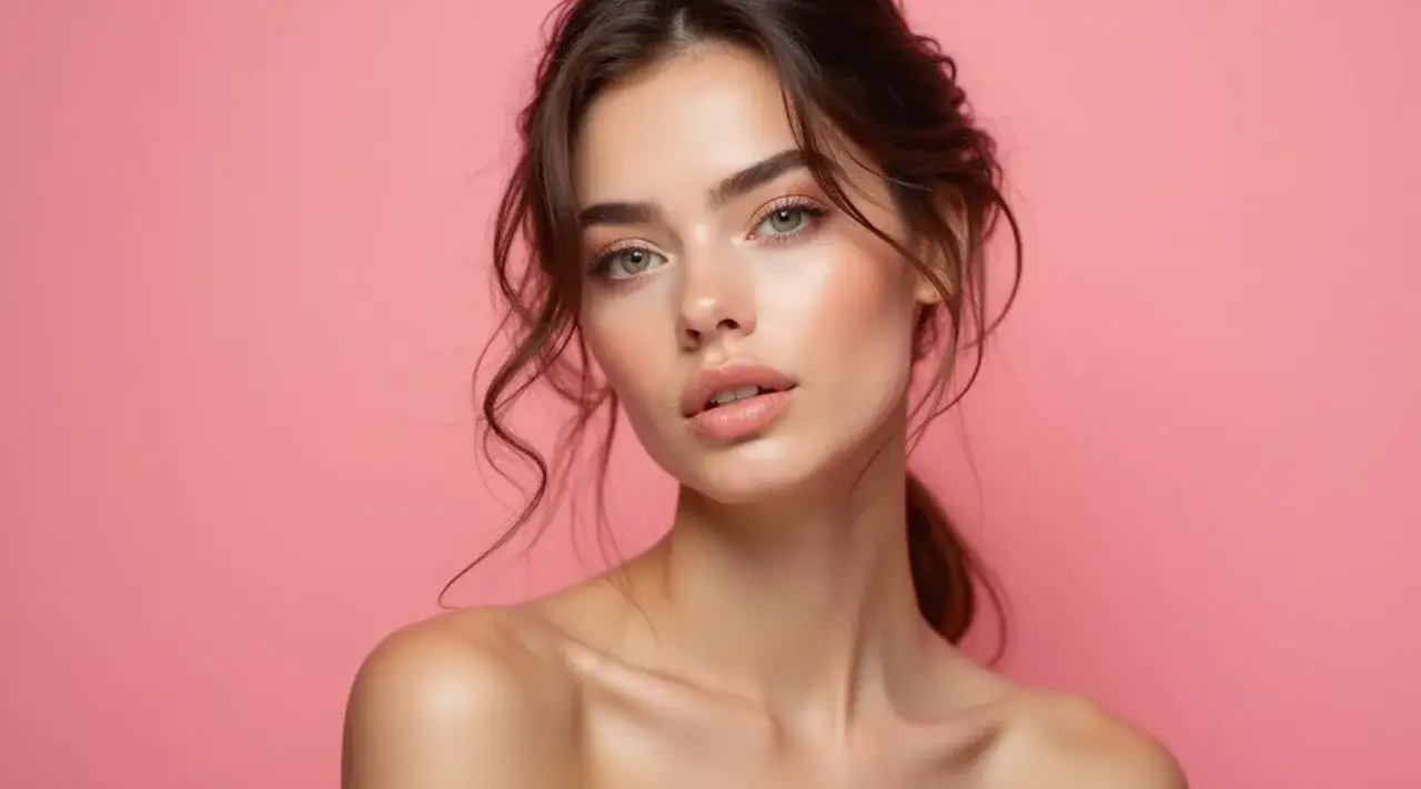 Portret młodej kobiety o delikatnym makijażu i rozpuszczonych włosach. Jej skóra lśni, podkreślając naturalne piękno. Styl clean girl.