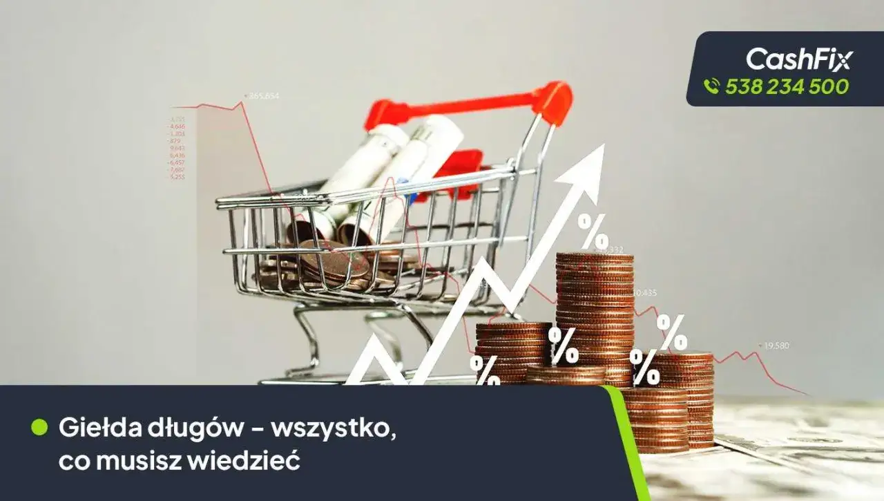 Miniaturowy wózek sklepowy wypełniony monetami i banknotami, symbolizujący giełdę długów. Wykresy i procenty sugerują zmienność rynkową.