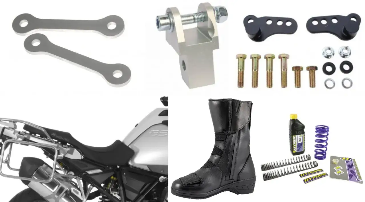 Zestaw do obniżenia motocykla: łączniki, śruby, amortyzator i buty motocyklowe.