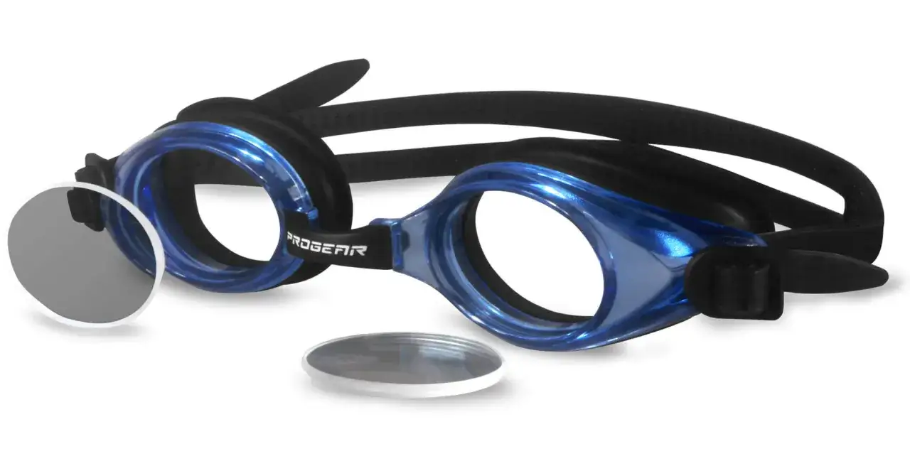 Niebieskie okulary pływackie z wymiennymi soczewkami korekcyjnymi.