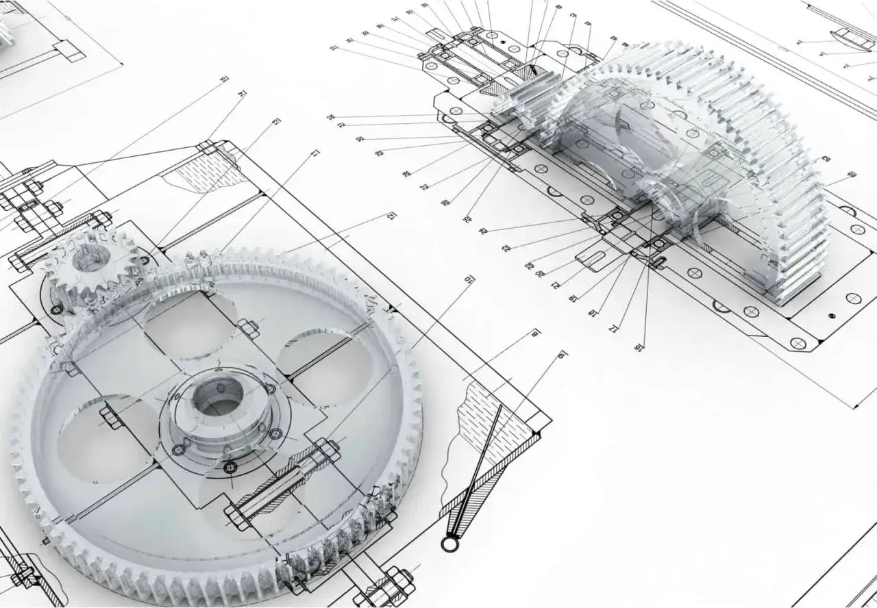 Przezroczyste koła zębate i mechanizmy na tle rysunków technicznych, ilustrujące innowacyjne wzory użytkowe.