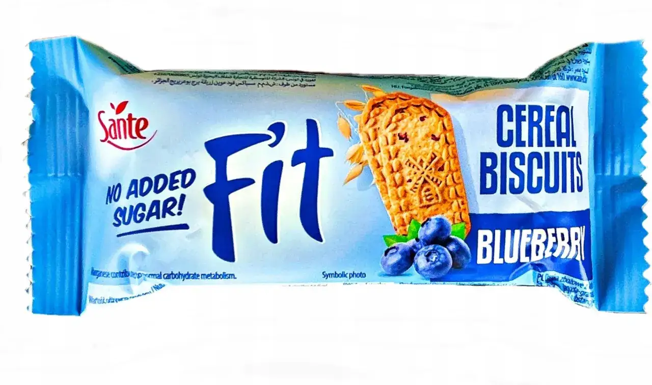 Opakowanie ciastek Sante Fit Cereal Biscuits o smaku borówkowym, bez dodatku cukru.